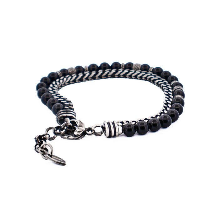 Antique Ion Plated Stainless Steel Gun Agate Beaded Bracelet