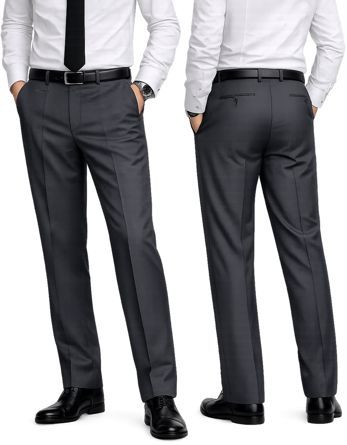 Front View Image
Men's charcoal relaxed fit dress pants front view with flat front design and right side fob pocket
Back View Image
Men's charcoal relaxed fit dress pants back view showing two rear jetted pockets
Front & Back Comparison Image
Men's charcoal suit trousers relaxed fit front and back view with tailored silhouette
Detail Pocket Image
Charcoal dress pants detail showing right side jetted fob pocket