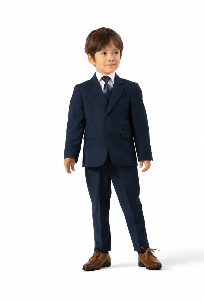 ### James Fine Twill Boys Suit
A timeless choice for weddings, school formals and special occasions, the James Fine Twill Jacket offers a smart, tailored look for young gentlemen. Crafted from a smooth fine-twill fabric, it is available in classic Navy and Black.
Pair it with the matching James Fine Twill Trouser for a polished two-piece suit, or add the coordinating vest for a complete three-piece look. Easy to style with a crisp shirt, tie or bow tie for any formal event.
