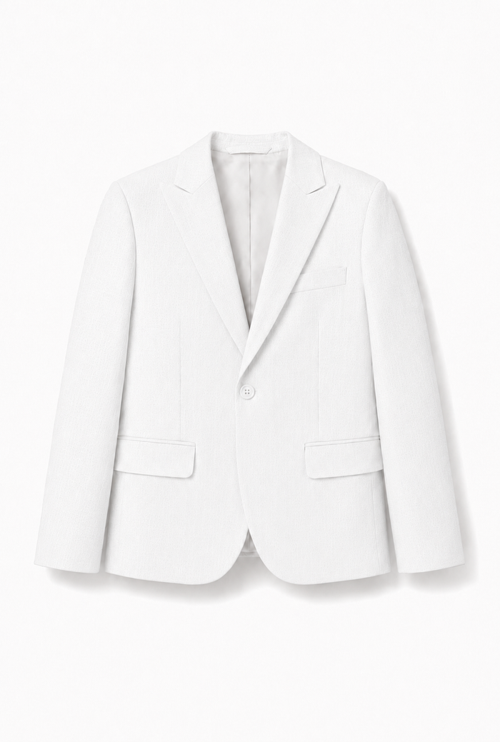A white single-breasted blazer with notch lapels, a two-button front closure, and flap pockets, shown on a clean white background.