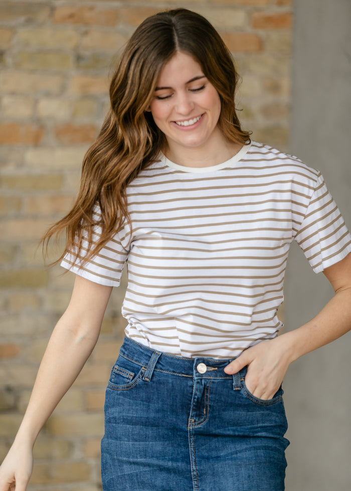 Crew Taupe Striped Basic T-Shirt IC Tops