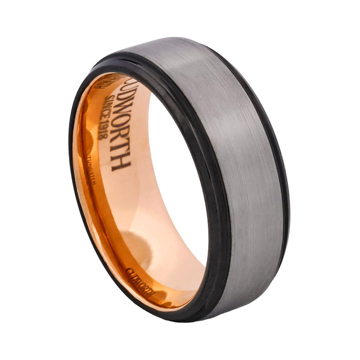 Cudworth Brushed Natural & Black Edge Tungsten Ring - Rose Core