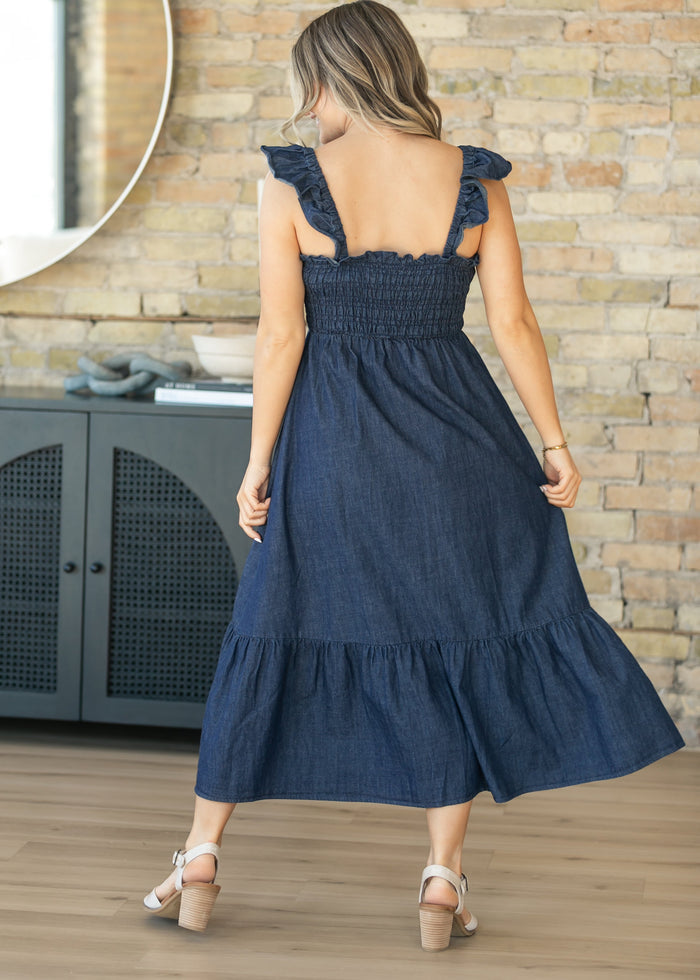 Dark Denim Ruffle Strap Maxi Dress FF Dresses