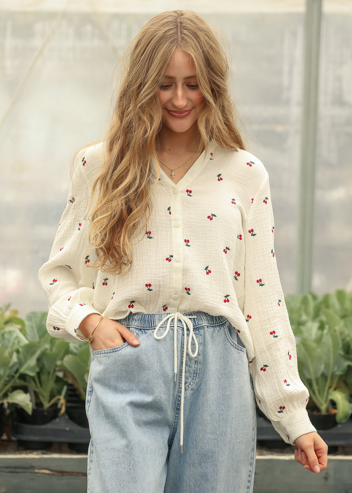 Embroidered Cherry Gauze Top FF Tops
