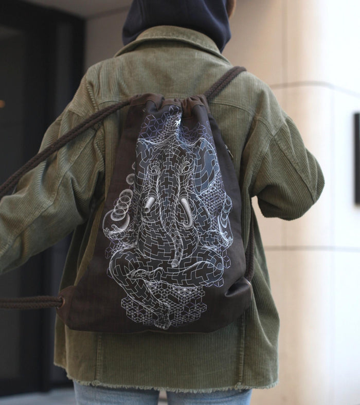 Ganescher Drawstring Bag Psychedelic Art Print on Black T-Shirt by Symbolika