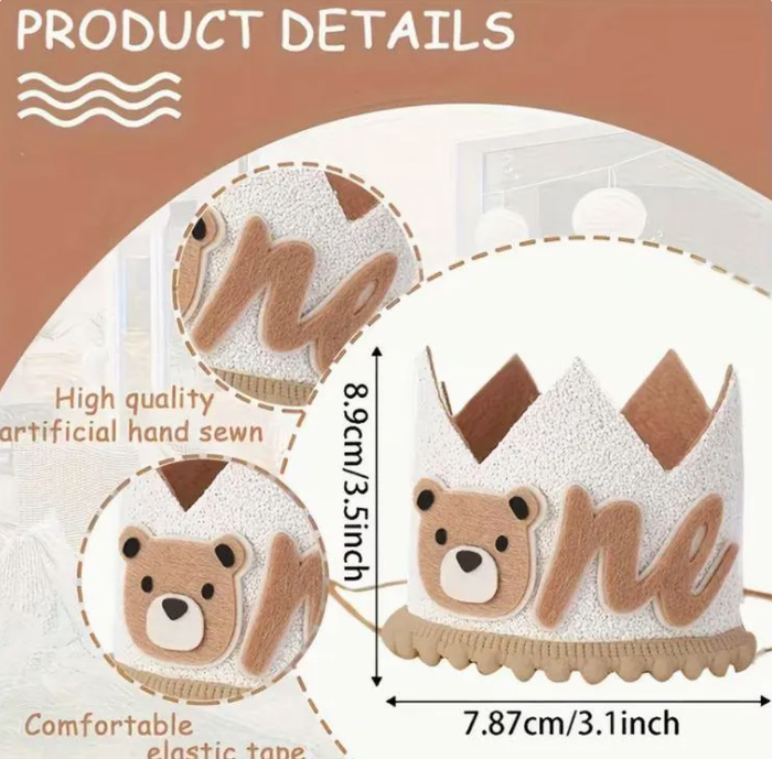 Gender Neutral Teddy Bear First Birthday Party Crown