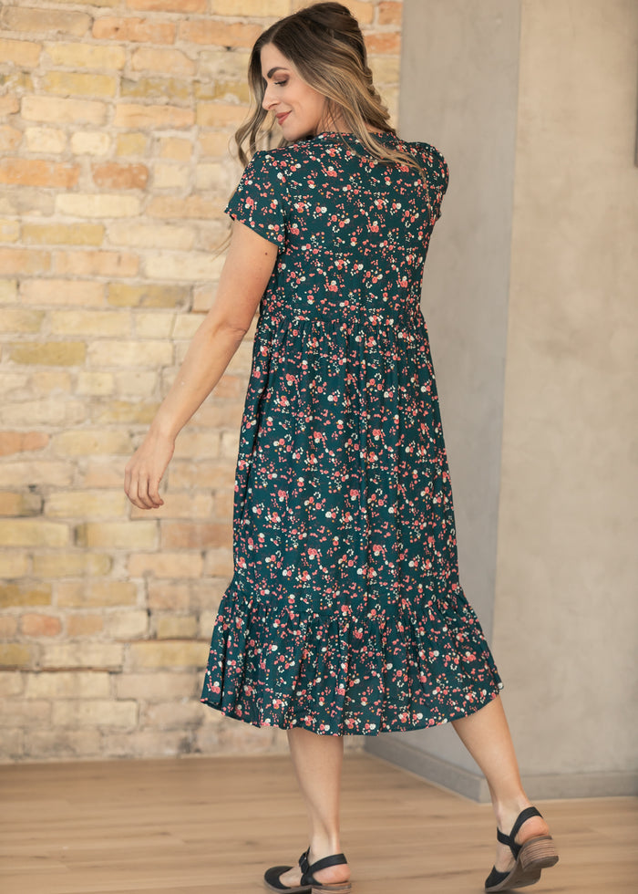 Jaydrien Green Floral Short Sleeve Midi Dress IC Dresses