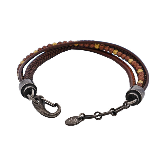 Multi-Strand Brown Leather & Hematite Beads Bracelet with Ion Plated Antique Stainless Steel Clasp