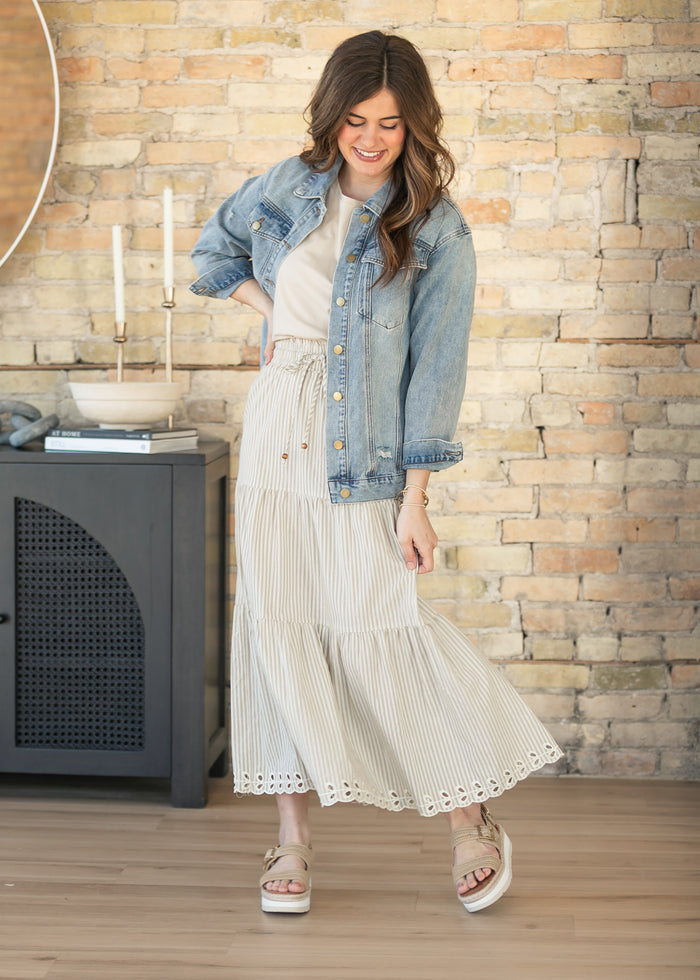 Natural Embroidered Detail Midi Skirt FF Skirts