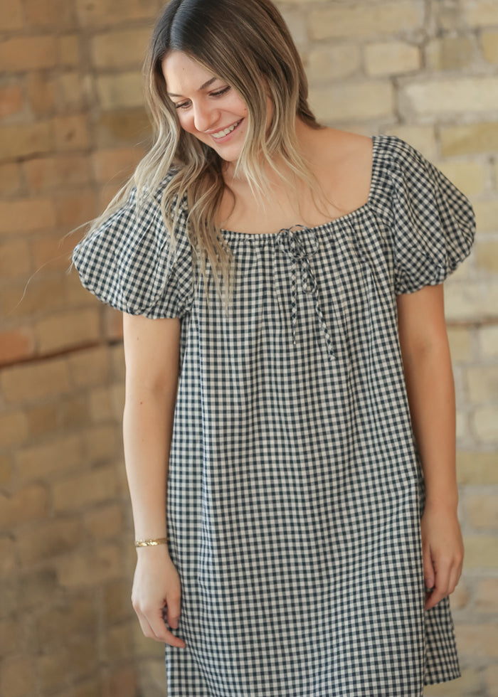 Navy Gingham Puff Sleeve Midi Dress - FINAL SALE FF Dresses