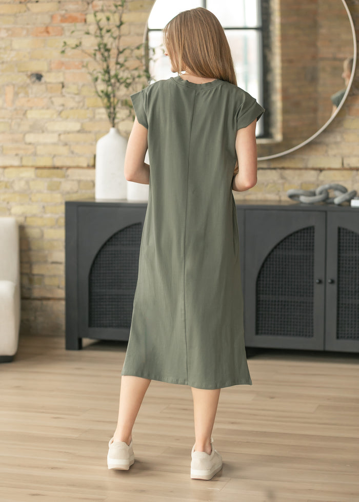 Olive Cap Sleeve T-shirt Midi Dress FF Dresses
