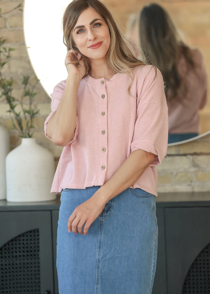 Pink Ribbed Knit Button Front Top FF Tops
