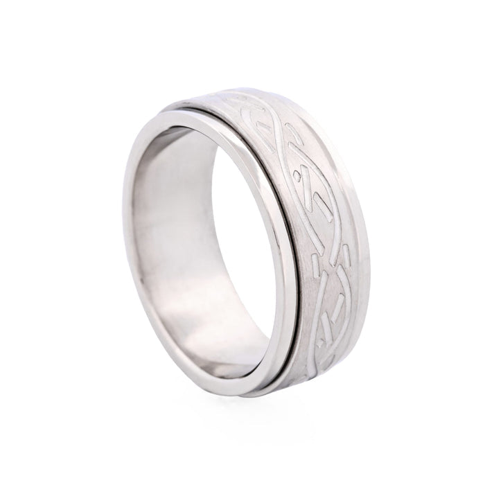 Polished and Brushed Stainless Steel Spinner Ring with Etched Centre Pattern