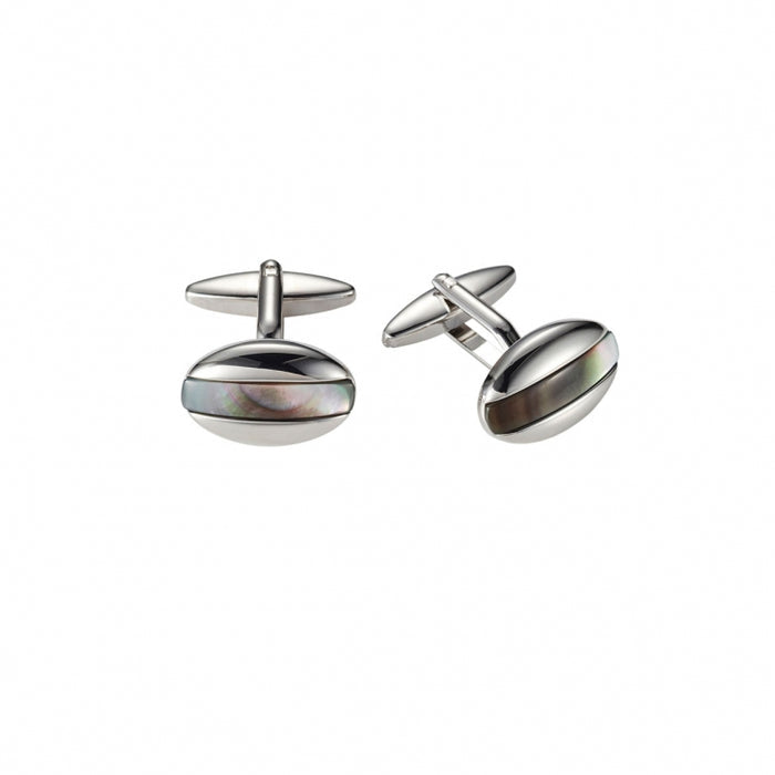 Polished Rhodium Plated Grey Mother Of Pearl Oval Cufflinks