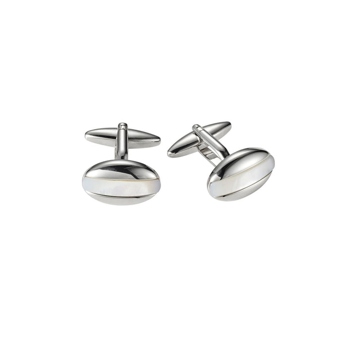 Polished Rhodium Plated Mother Of Pearl Oval Cufflinks