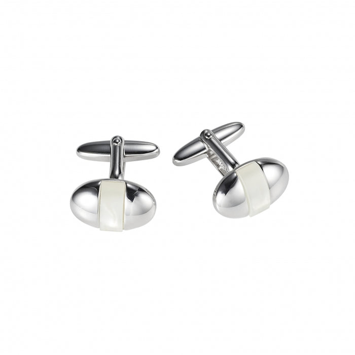 Polished Rhodium Plated Oval Cufflinks with Mother Of Pearl Inlay