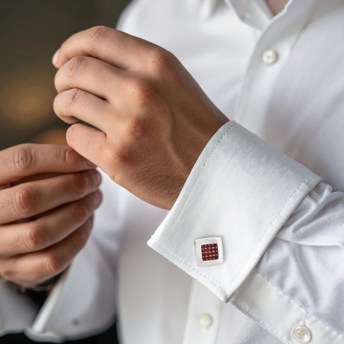 Polished Rhodium Plated Square Cufflinks with Cerise Enamel Centre Inlay
