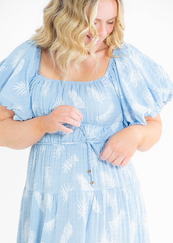Rhea Leaf Print Puff Sleeve Tiered Midi Dress FF Dresses