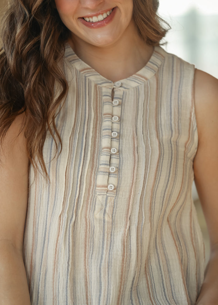 Sleeveless Half Button Woven Gauze Top FF Tops