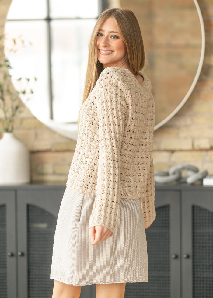 Tan Crochet Double Bow V-Neck Sweater FF Tops