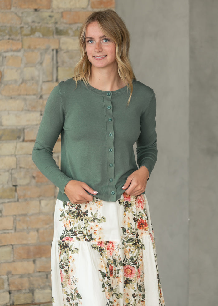 Ultra Soft Spruce Long Sleeve Cardigan FF Tops