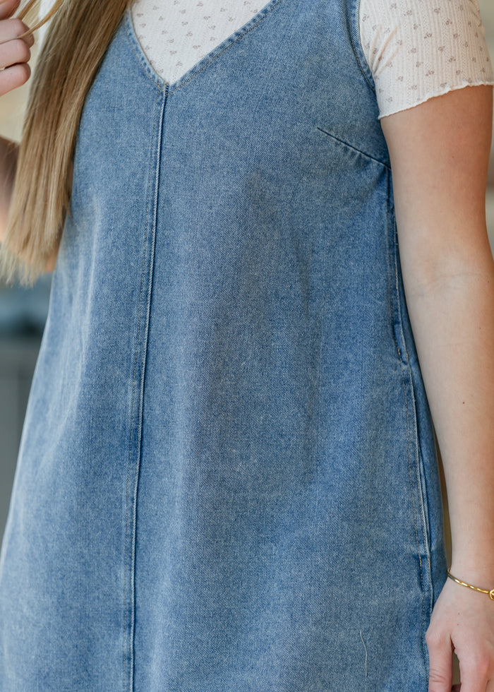 Washed Denim V-Neck Midi Dress FF Dresses