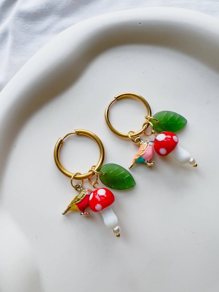 Yellow Dots Studio - Birds and Mushrooms Earrings | Glass Bead Earrings