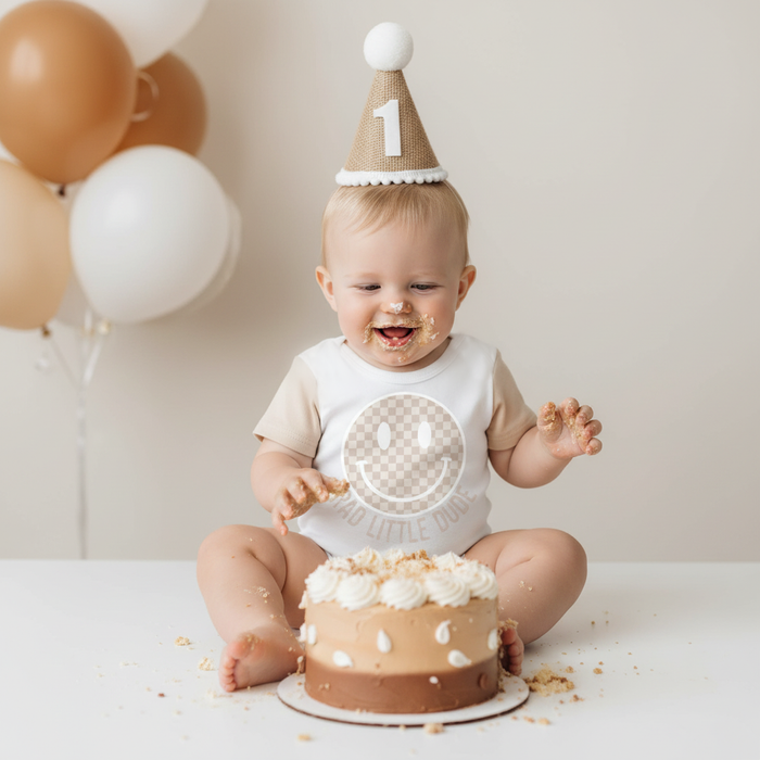1st Birthday Tan Check One Happy Birthday Bubble Romper