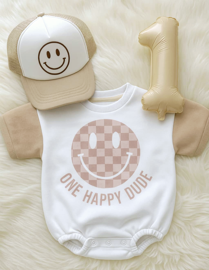 1st Birthday Tan Check One Happy Birthday Bubble Romper