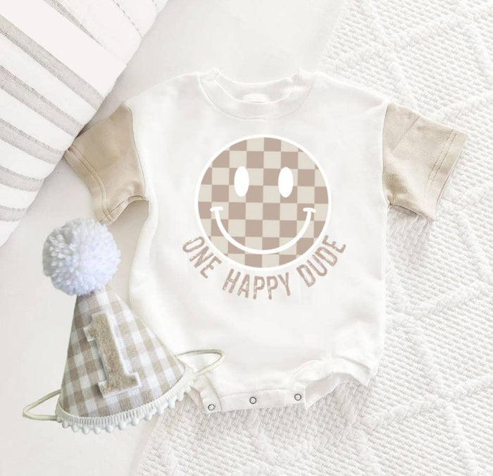 1st Birthday Tan Check One Happy Birthday Bubble Romper