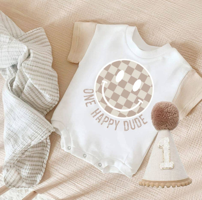 1st Birthday Tan Check One Happy Birthday Bubble Romper