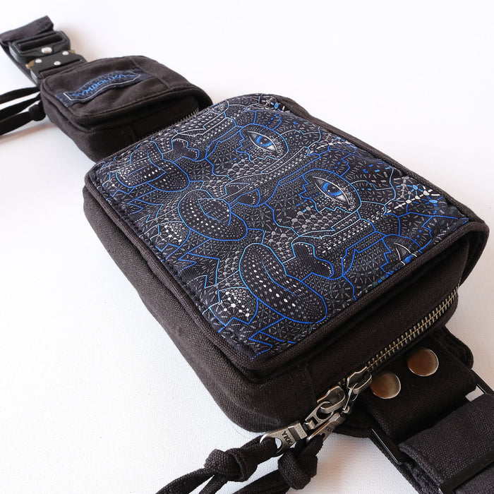 4th Dimension Belt Bag - geometric face design with blue linework by Symbolika