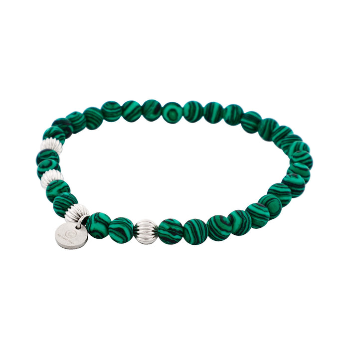 6mm Green Malachite Stone Beads & Stainless Steel Bracelet