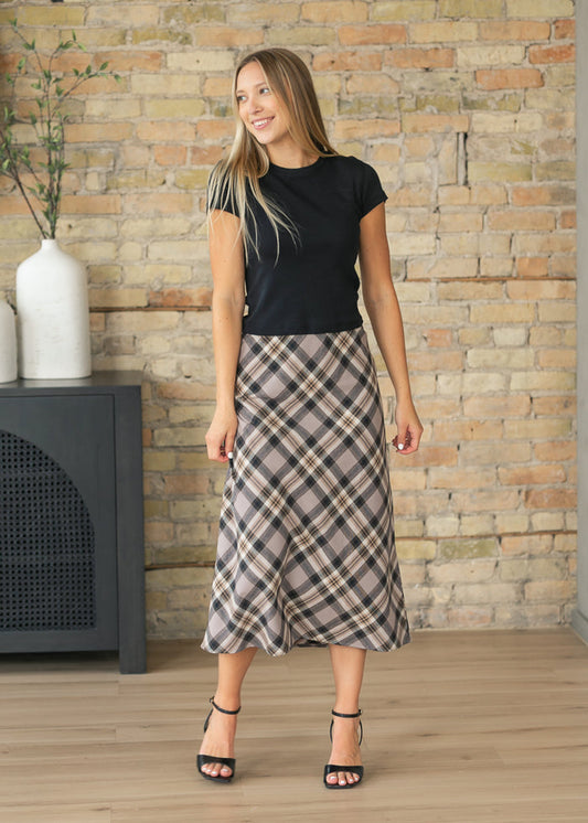 A-line Gray Plaid Midi Skirt FF Skirts