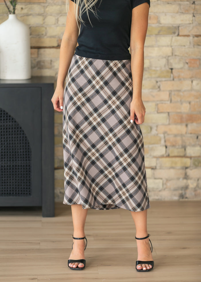 A-line Gray Plaid Midi Skirt FF Skirts