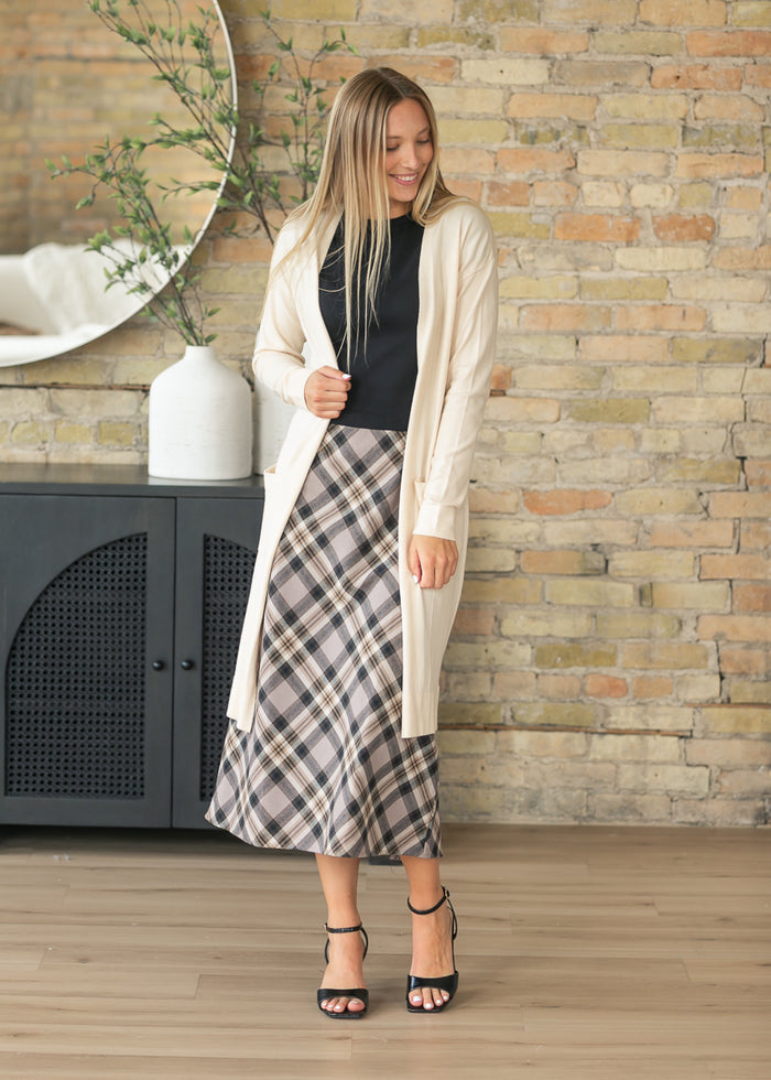 A-line Gray Plaid Midi Skirt FF Skirts