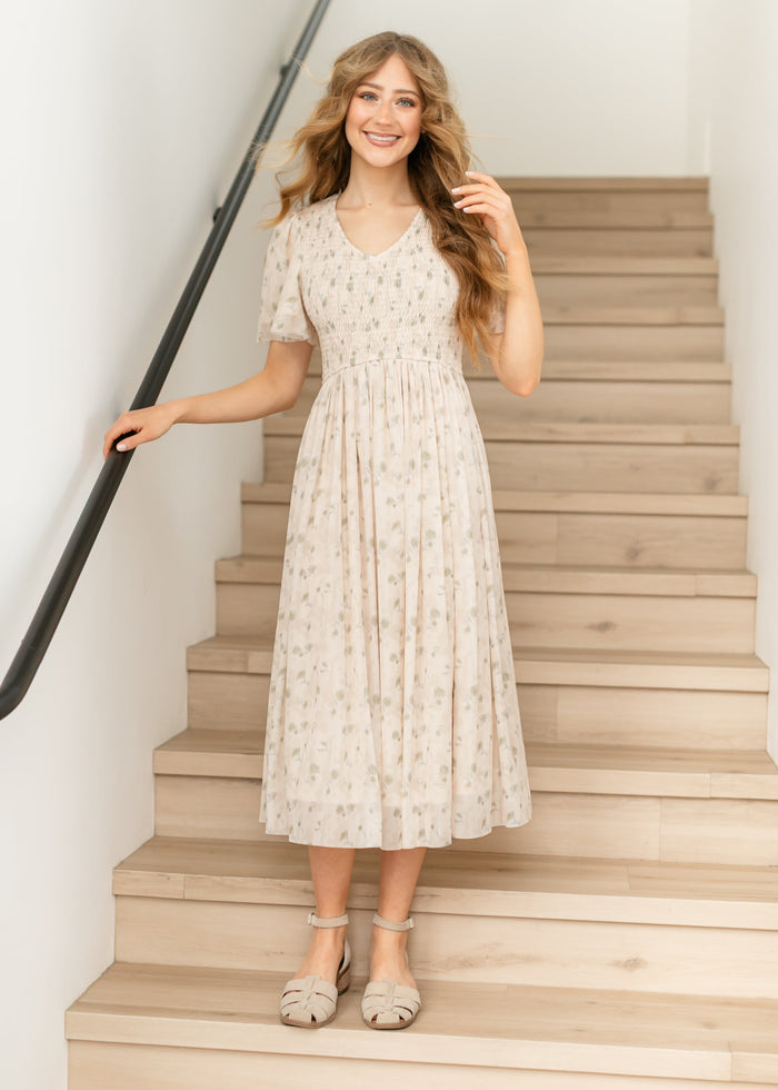 Abstract Floral Pleated Midi Dress FF Dresses