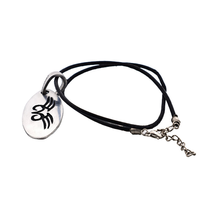 Alloy Oval Black Enamel Pendant on Leather Chain