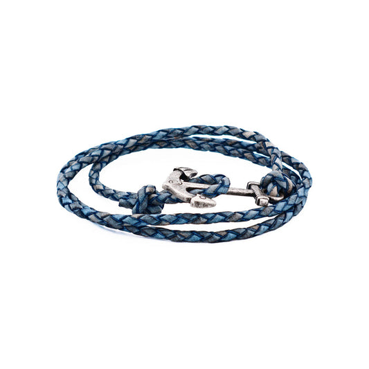 Antique Blue Leather & Antique Stainless Steel Anchor Bracelet