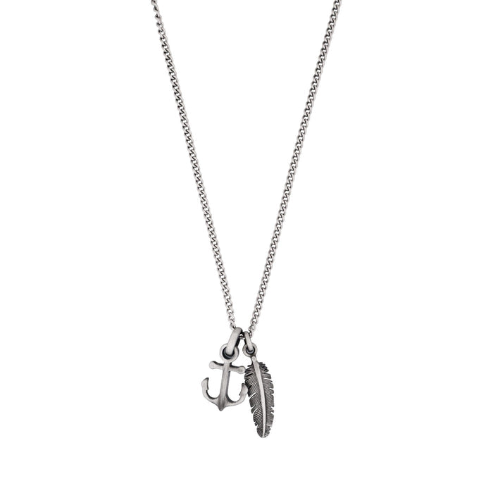 Antique Ion Plated - Anchor & Feather Pendant on Fine Curb Link Chain