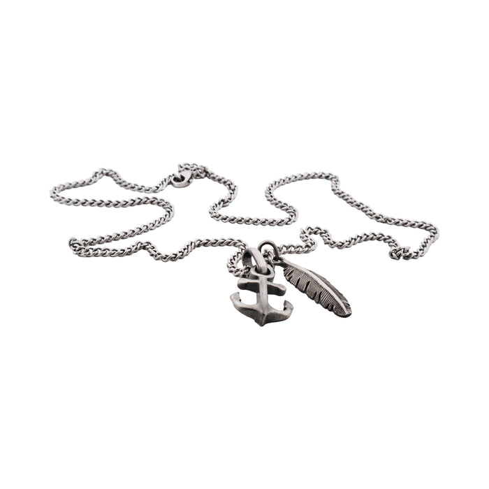 Antique Ion Plated - Anchor & Feather Pendant on Fine Curb Link Chain