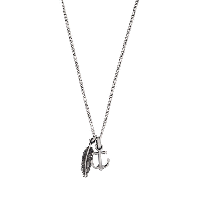 Antique Ion Plated - Anchor & Feather Pendant on Fine Curb Link Chain