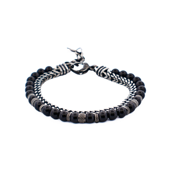 Antique Ion Plated Stainless Steel Gun Agate Beaded Bracelet