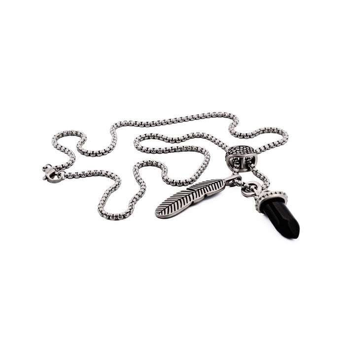 Antique Stainless Steel - Agate Bullet & Feather Pendant on Box Chain