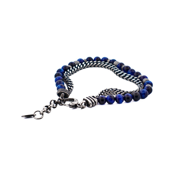 AntiqueIon Plated Gun Metal & Blue Tiger Eye Beaded Bracelet