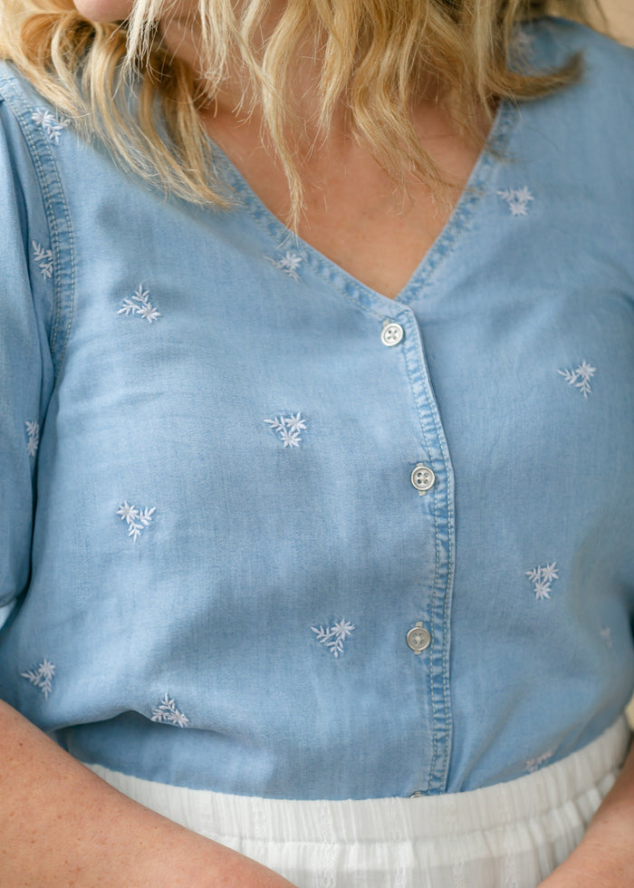 Aspen Embroidered Button Down Shirt FF Tops