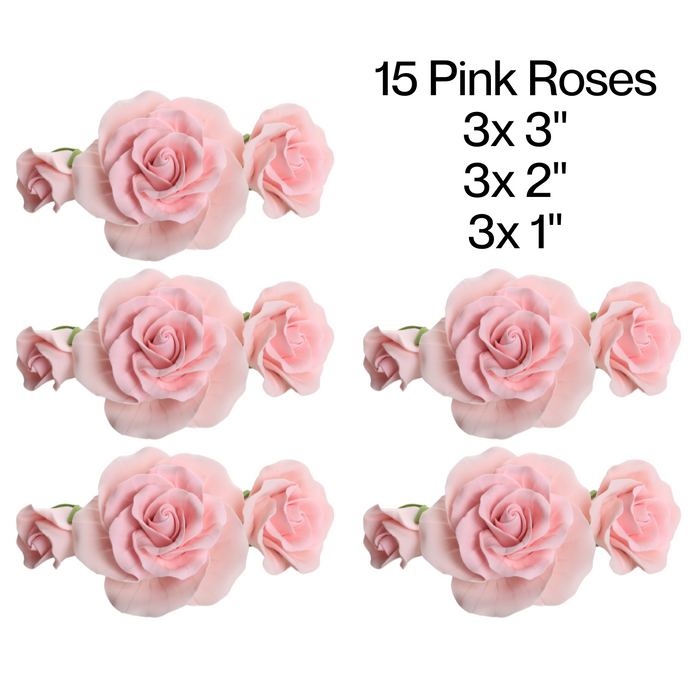 Wholesale 15-pack box of ready-to-use pink garden rose sugar flower cake toppers for commercial bakeries.