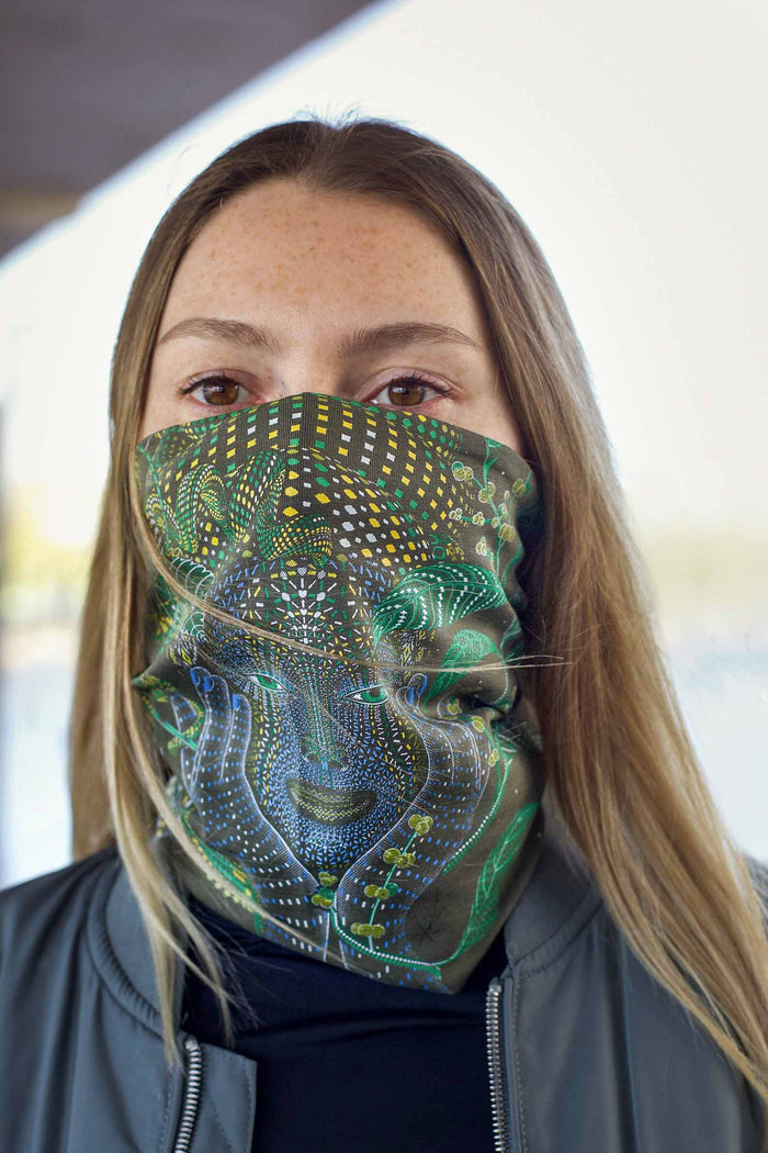 Aya Neck Gaiter Olive — visionary art by Symbolika