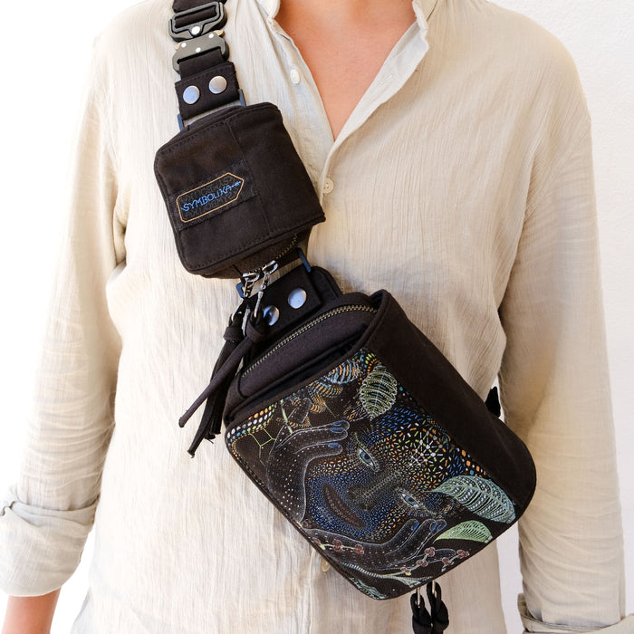 Psychedelic belt bag showing detailed leaf patterns and organic spirals by Symbolika