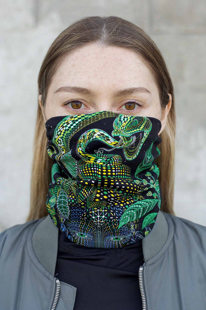 Aya Neck Gaiter Black — visionary art by Symbolika